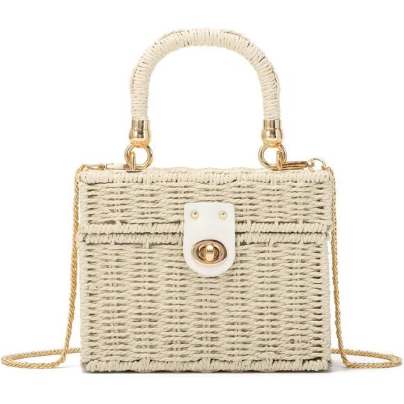 Handbags - Beige Vintage Woven Rattan Handbag for Women - Square Crossbody with Detachable